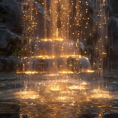 Glowing Waterfall with Golden Particles