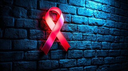 Red ribbon on brick wall, night lighting, awareness campaign