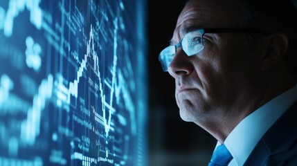 Mature male analyzing digital financial graphs at night