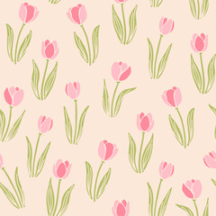 Tender pink tulip flowers with stem and leaves seamless repeat pattern. Cute spring flowers design for paper, fabric, wallpaper. Mother's day, women's day, birthday background.