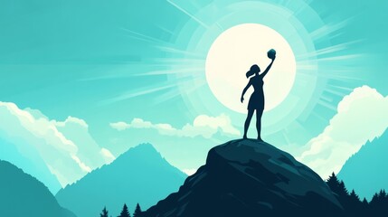 Fototapeta premium Silhouette of young female adventurer holding helmet on mountain peak