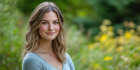 Fototapeta premium Portrait of a Smiling Young Woman in a Lush Green Outdoor Setting