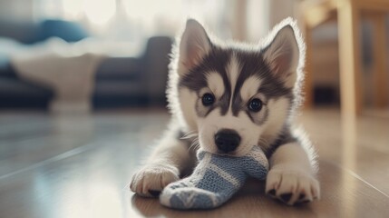 Fototapeta premium Adorable husky puppy chewing sock on wooden floor in cozy home setting