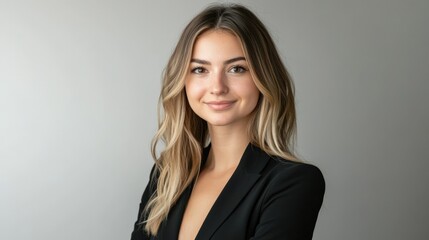 Obraz premium Confident Young Woman in Professional Attire Against a Neutral Background