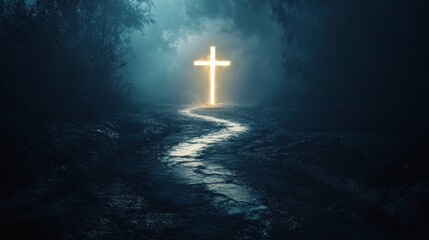 Glowing cross on foggy night pathway in mystical forest landscape