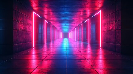 Neon-lit corridor, futuristic architecture, glowing reflections, abstract background, sci-fi design