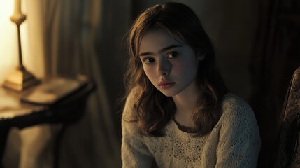 Young female in serene room with warm lighting