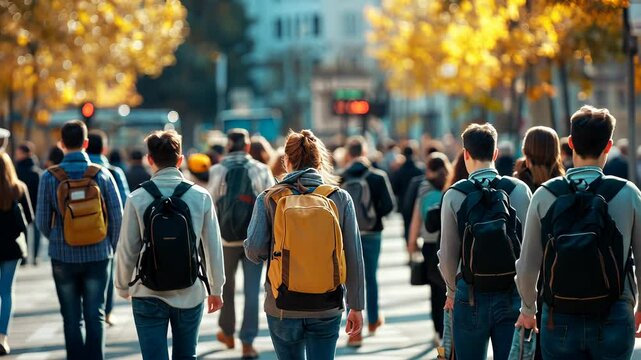 Students wearing backpacks walking along urban street with golden autumn foliage video 4k