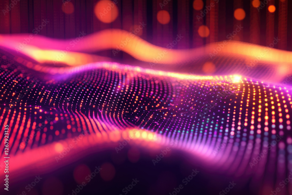 Poster abstract wavy background with glowing particles, vibrant colors and dynamic movement.