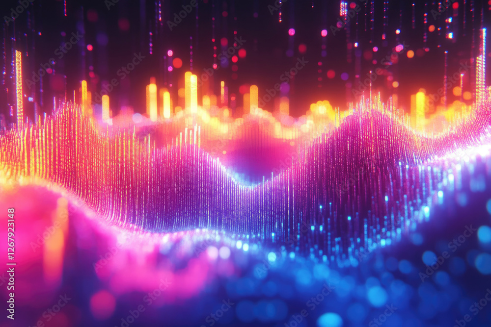 Aufkleber Abstract digital landscape with vibrant, glowing particles forming wave patterns in a dynamic display of color and light.