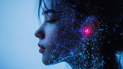 Biohacker engages with wearable brain stimulation device in a cyber-futuristic environment showcasing glowing neural connections