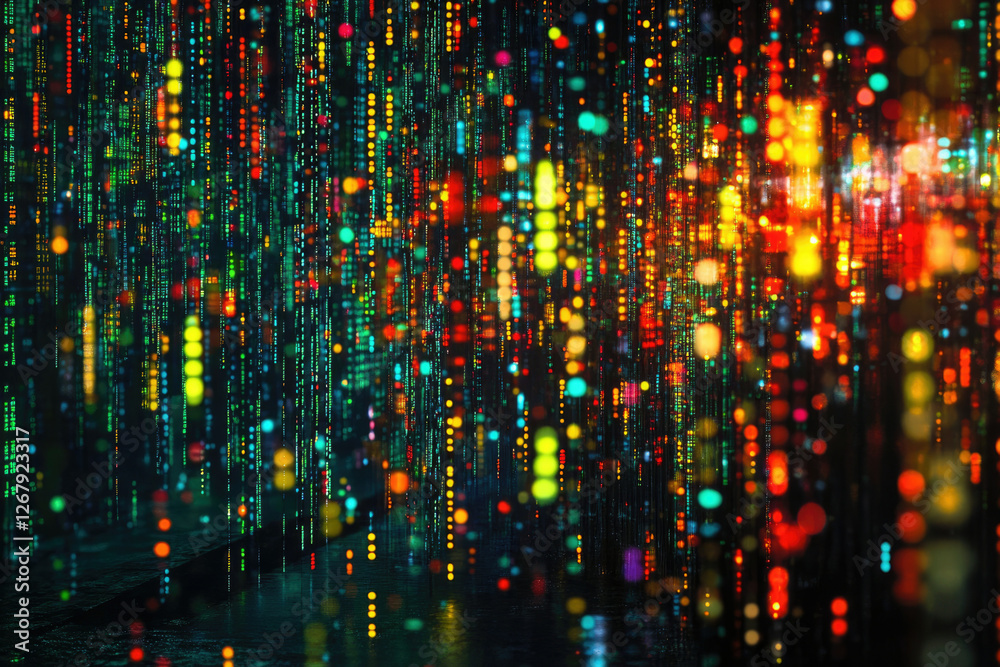 Poster Abstract digital rain of colorful data streams flowing down, creating a vibrant and futuristic atmosphere.