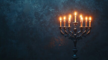 Fototapeta premium Elegant candelabrum with lit candles against dark atmosphere