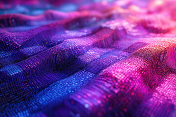 Abstract digital landscape of undulating, vibrant purple and blue pixelated waves.