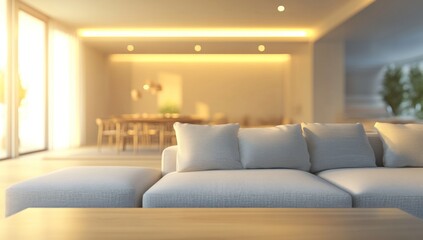 Modern Living Room Interior Design: Sunlight Streaming Through Large Windows, Illuminating a Comfortable Sofa and Stylish Furniture