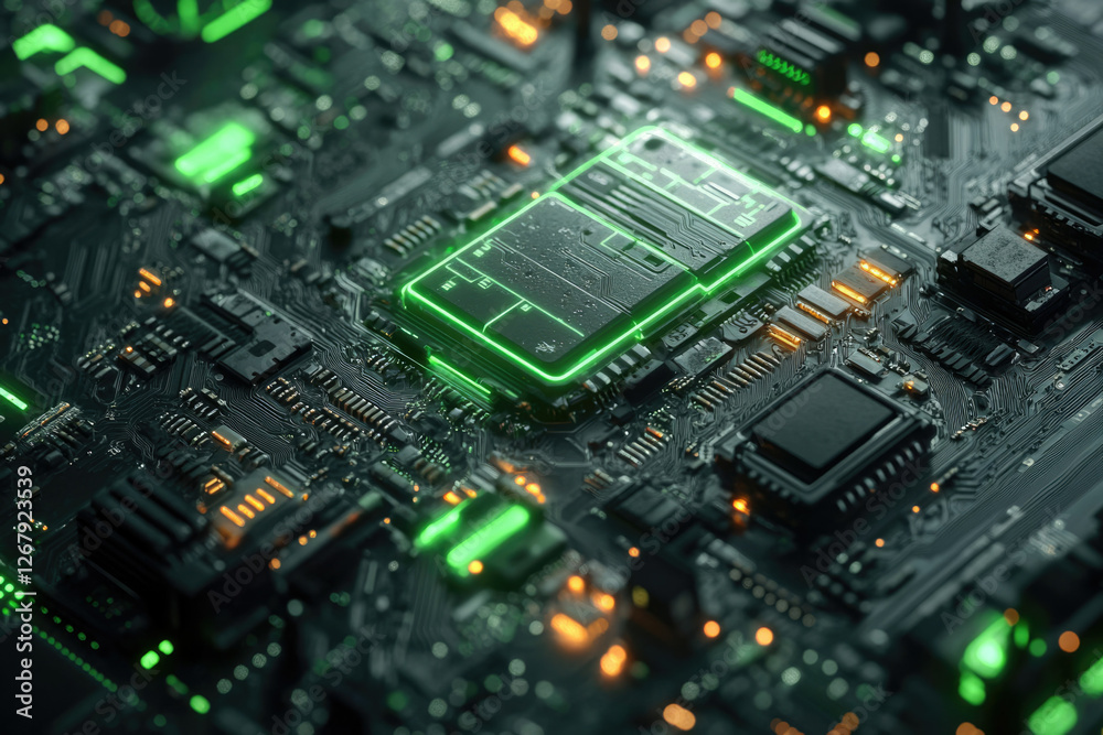 Poster close-up of a futuristic circuit board with glowing green components, showcasing intricate technolog