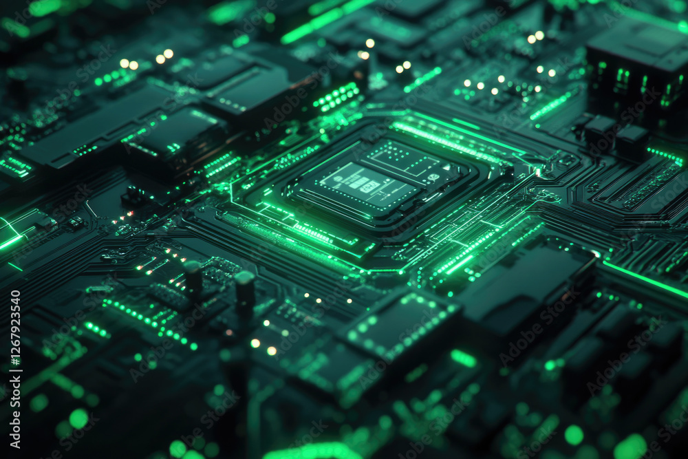 Poster Close-up view of a computer motherboard's intricate circuitry, showcasing a central processing unit.