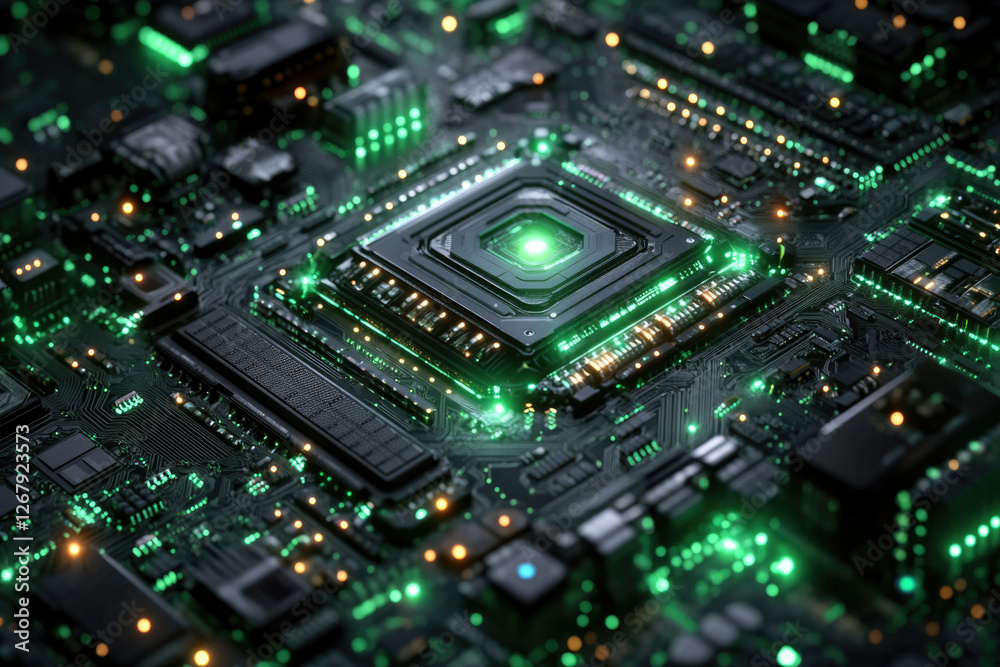 Poster Close-up of a futuristic, illuminated computer motherboard with a central processor.