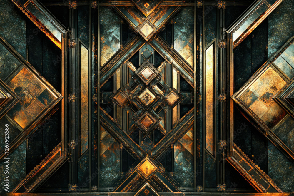 Aufkleber intricate geometric design with dark and gold metallic textures, creating a luxurious and steampunk 