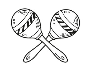 black and white illustration of two maracas crossed together, featuring decorative patterns and dots, perfect for music-themed designs or coloring pages.