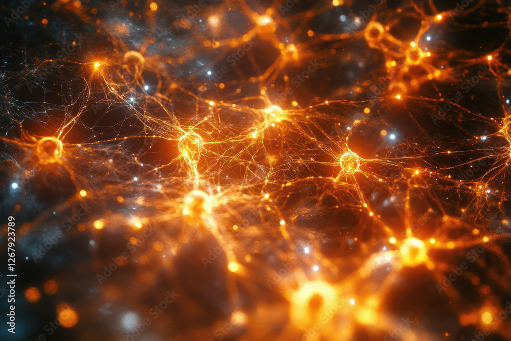 Poster abstract depiction of a neural network, glowing orange and white, showcasing intricate connections a