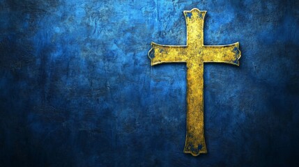 Gold cross on textured blue background highlighting religious symbolism