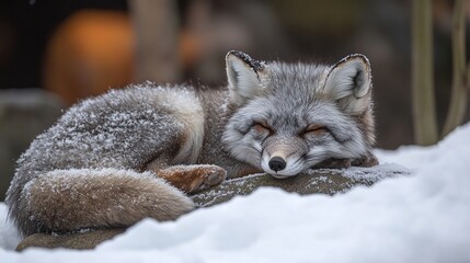 Fototapeta premium stunning arctic fox resting on a snowy landscape, offering a glimpse into the peaceful and wild nature of arctic wildlife in a frozen environment