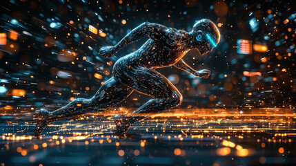 Cybernetic athlete sprints in a futuristic lab with AI-driven holographic training data illuminating the surroundings