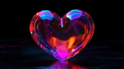 Vibrant glass heart sculpture with colorful light reflections on dark background