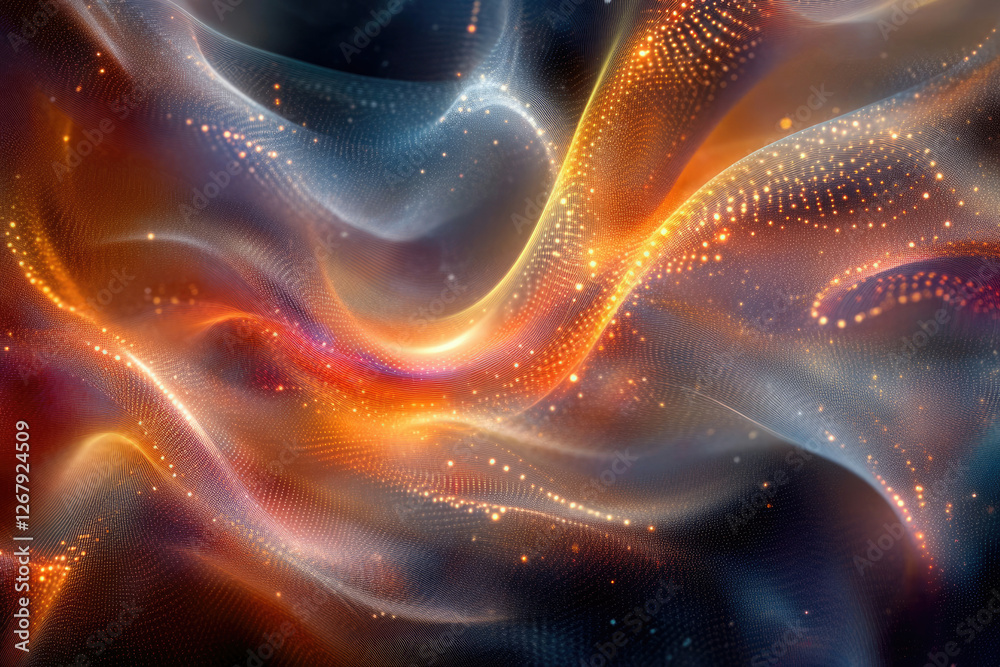 Poster Abstract art depicting flowing, luminous waves of particles in warm and cool tones, creating a sense of ethereal movement and energy.