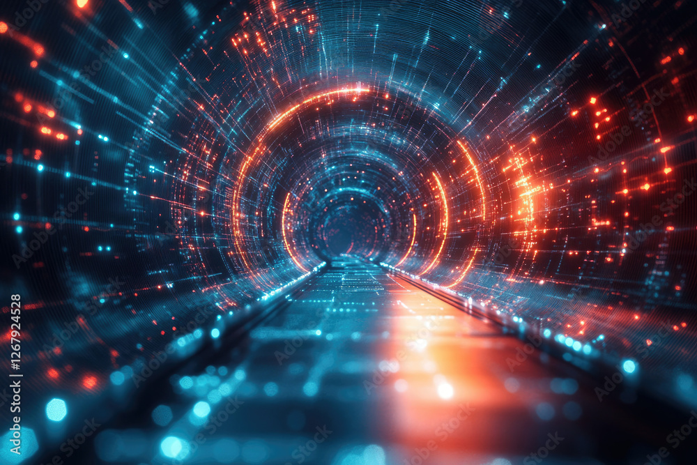 Poster a futuristic digital tunnel with glowing blue and orange data streams, depicting a journey through c