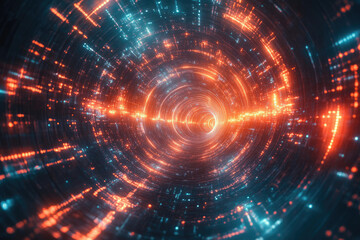 Obraz premium A swirling vortex of vibrant orange and teal light creates a mesmerizing digital tunnel effect.