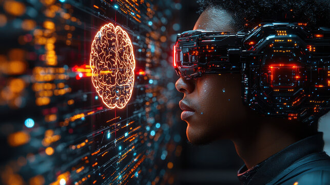 Cybernetic biohacker immersed in neural data visualization while monitoring brainwaves in a futuristic environment with holographic displays