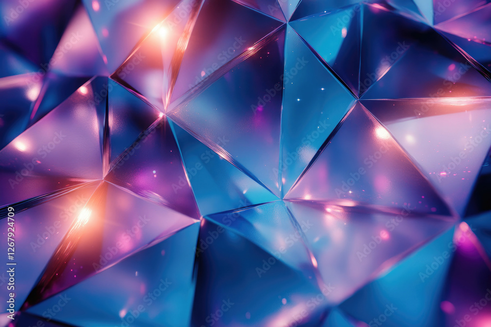 Poster abstract geometric background with glowing purple and blue triangular facets.