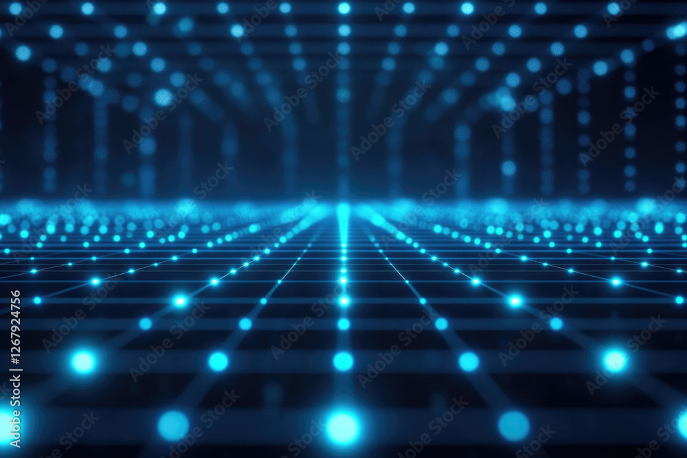 Poster abstract digital grid with glowing blue nodes, representing network, technology, or connection.