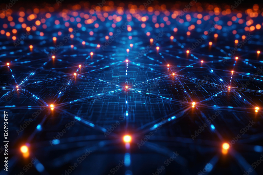 Poster Abstract network visualization, glowing nodes and lines represent interconnected data points and digital connections.