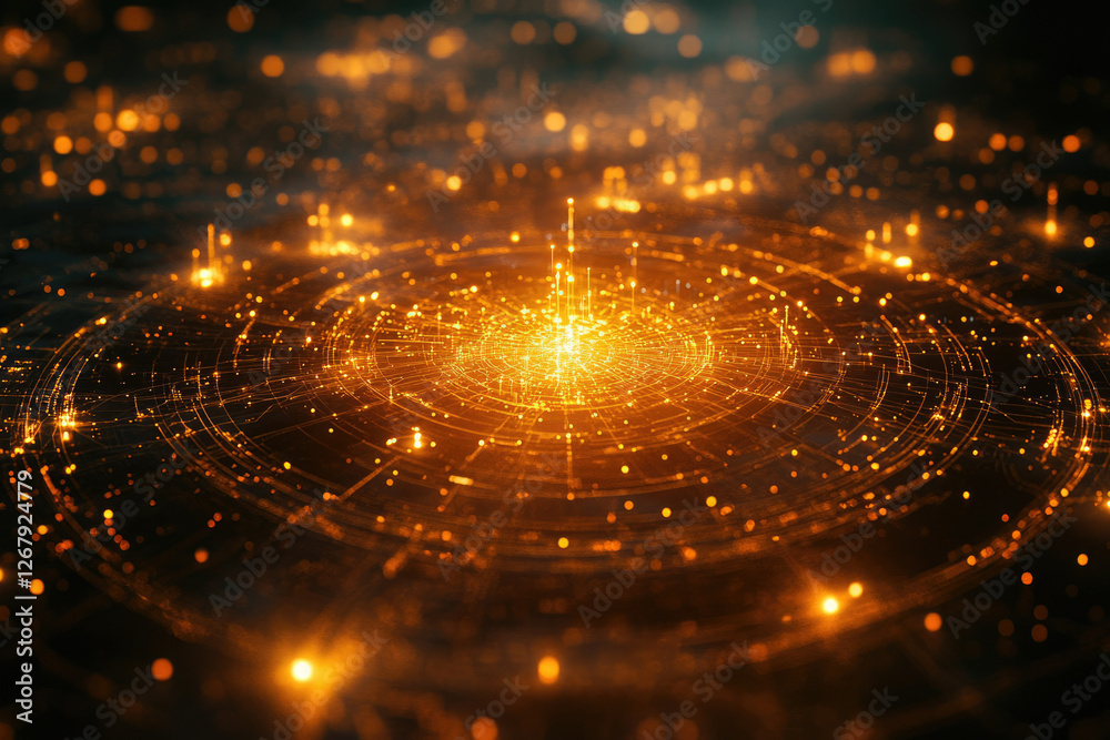 Poster abstract digital art depicting a glowing circular network of interconnected nodes and lines, radiati