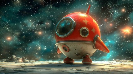 Retro rocket on alien planet, space background, cosmic adventure, kids book illustration