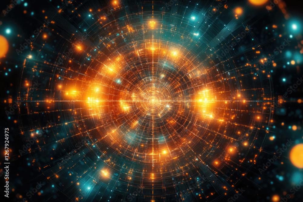 Poster abstract fractal art depicting a vibrant, glowing circular tunnel of interconnected nodes and lines,