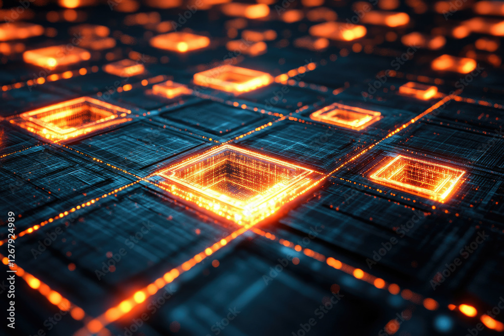 Poster Glowing grid of interconnected squares, depicting a futuristic digital network or circuit board.