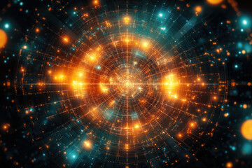 Obraz premium Abstract fractal art depicting a vibrant, glowing circular tunnel of interconnected nodes and lines, radiating energy.