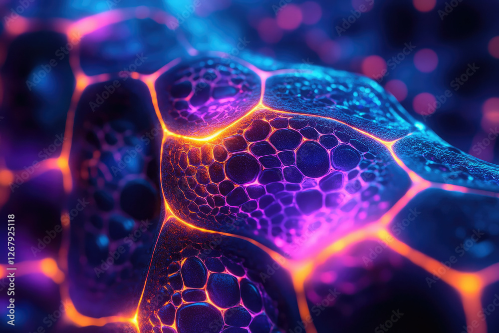 Poster Abstract image depicting a vibrant, glowing, cellular structure with interconnected nodes and luminescent veins.