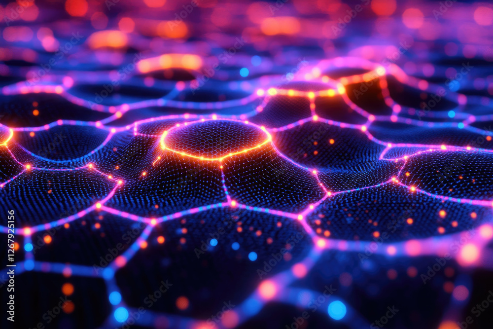 Poster Abstract digital landscape with glowing nodes and connections forming a network.