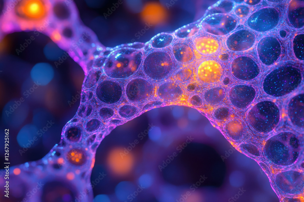 Fototapete abstract image depicting a vibrant, interconnected network of glowing bubbles, resembling a cellular