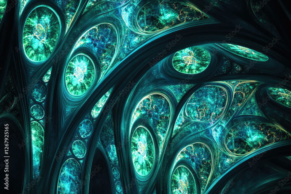 Poster abstract fractal art depicting swirling teal and green patterns resembling organic structures or cos