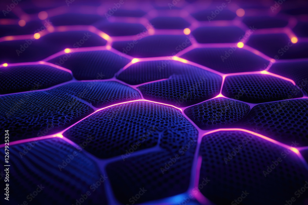 Poster abstract hexagonal network glowing with vibrant purple and pink neon lights, creating a futuristic o