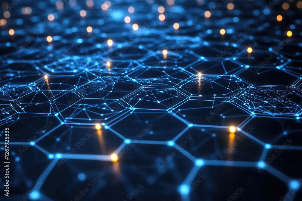 Aufkleber Abstract hexagonal network, glowing nodes connected by lines, digital technology concept.