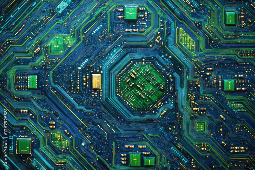 Poster Intricate circuitry of a computer motherboard, showcasing complex pathways and components.