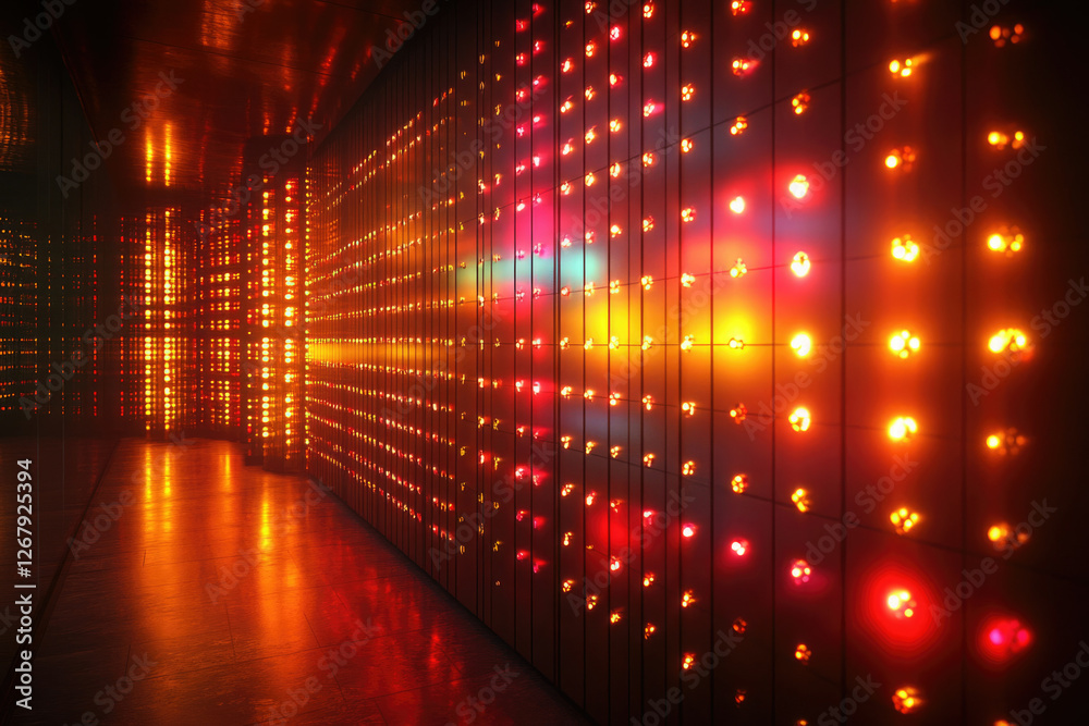 Poster a long corridor with a wall of illuminated compartments, creating a vibrant and futuristic atmospher