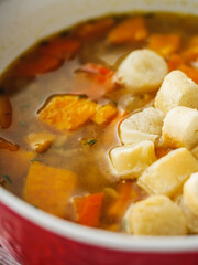 Homemade Lentil Soup with Croutons and Sweet Potatoes